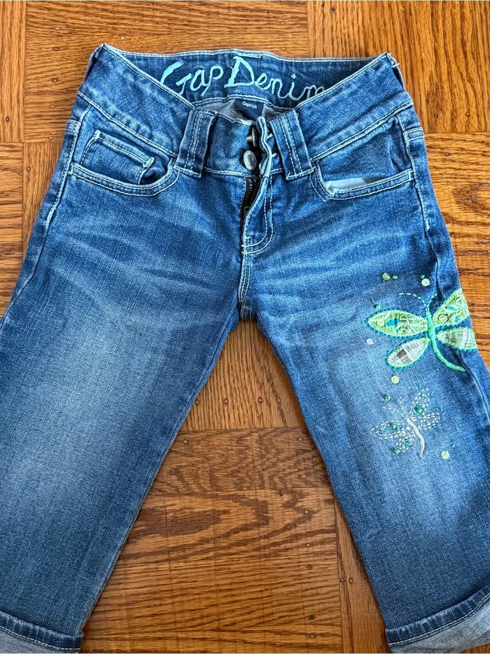GAP Blue Cropped Jeans with Green Embroidered Butterflies